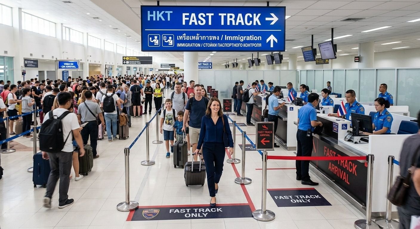 Passengers walking the fast track lane toward immigration counters at Phuket airport