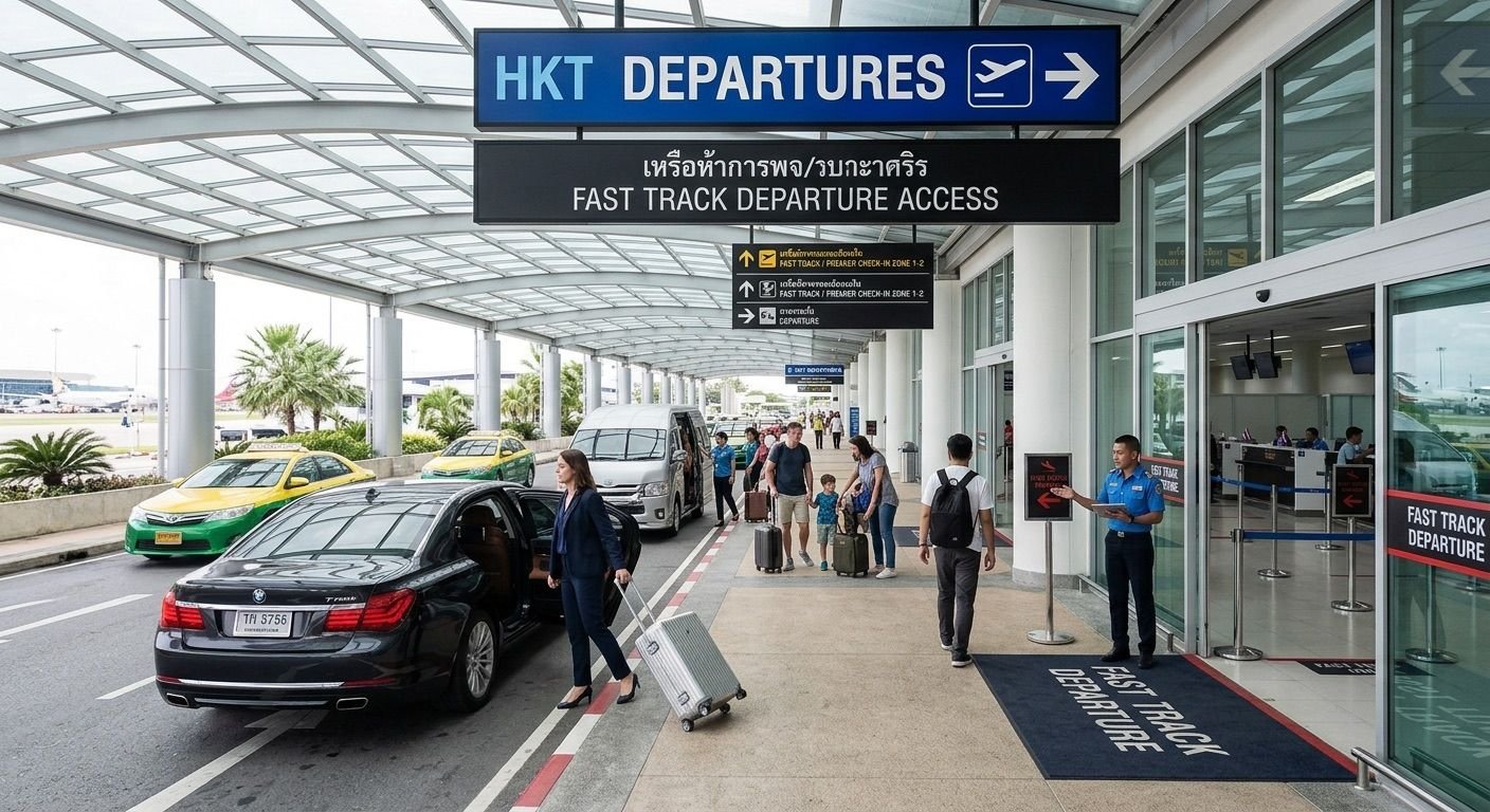 International departures entrance at Phuket airport with a car at the curb