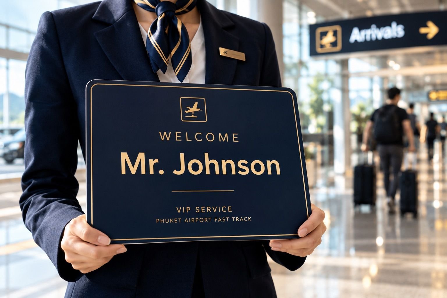 Personalised name sign used for VIP arrival fast track at Phuket airport